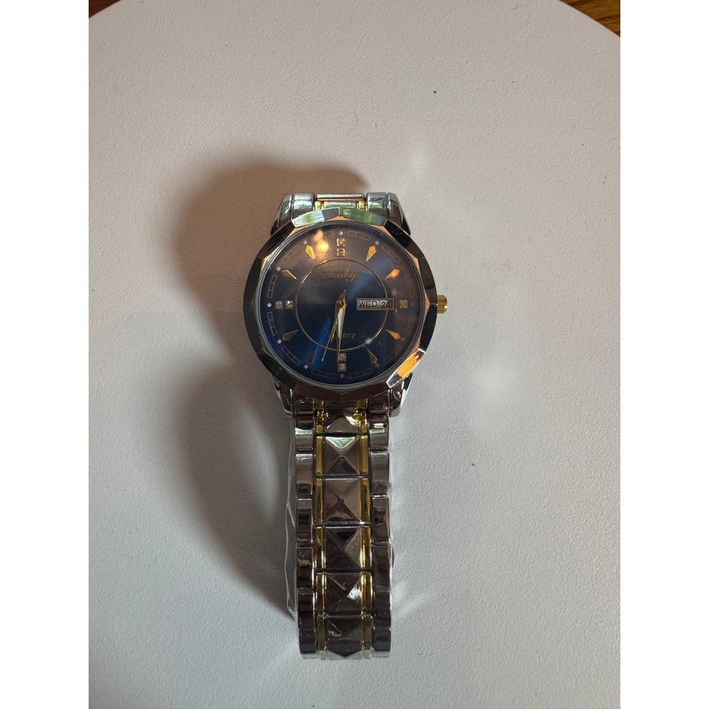 Isohy Mens Quartz Watch Blue Dial Two Tone Silver Gold Day Date Bracelet